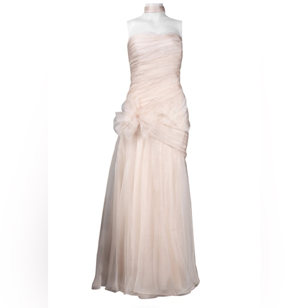 THEIA STRAPLESS PLEATED ROSETTE DETAIL ORGANZA DRESS WITH SHAWL - champagne